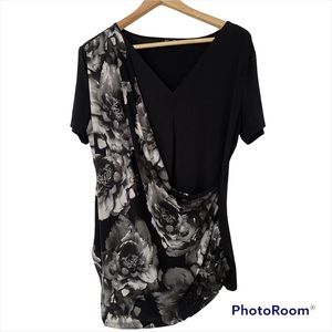 GEORGE JERSEY SHORT SLEEVED WRAP TOP, LARGE, BLACK WITH FLORAL DETAIL